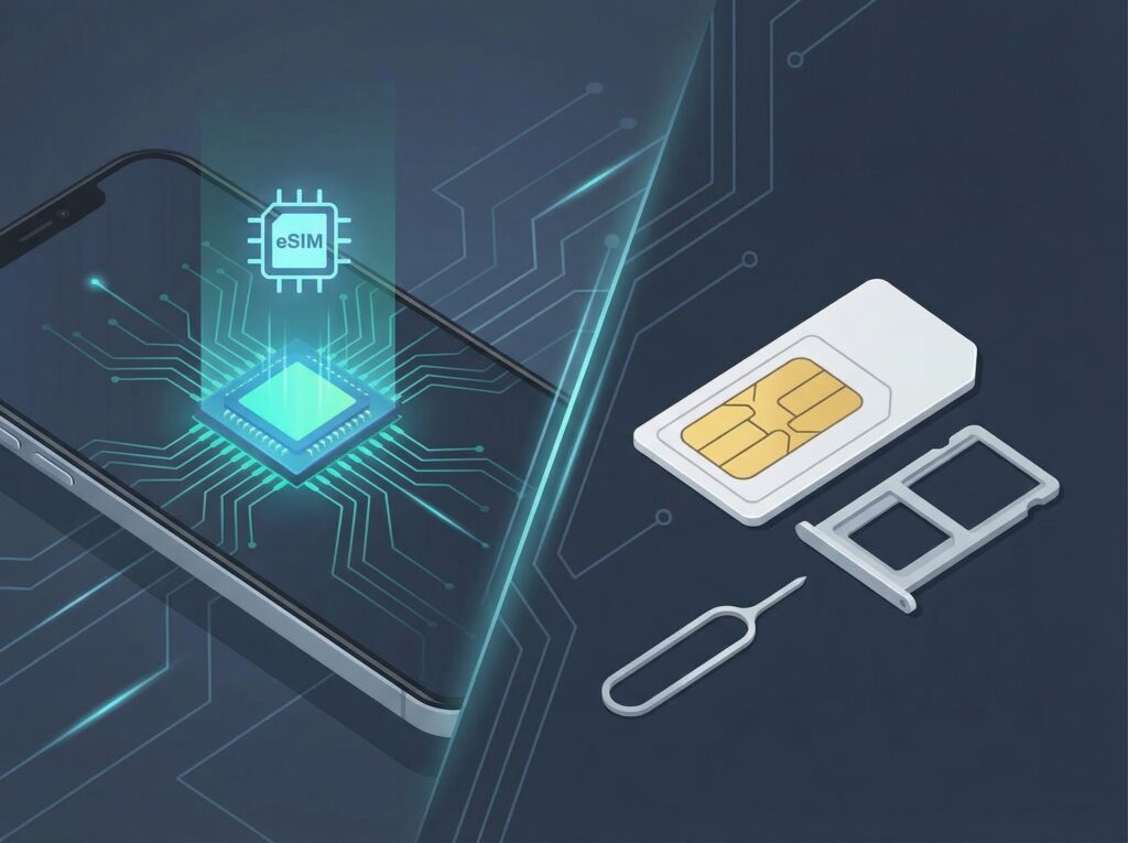 Comparison between eSIM and physical SIM card showing digital embedded SIM versus traditional plastic SIM.