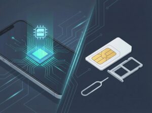 Comparison between eSIM and physical SIM card showing digital embedded SIM versus traditional plastic SIM.