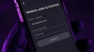 Smartphone screen showing manual eSIM activation using SM-DP+ address.