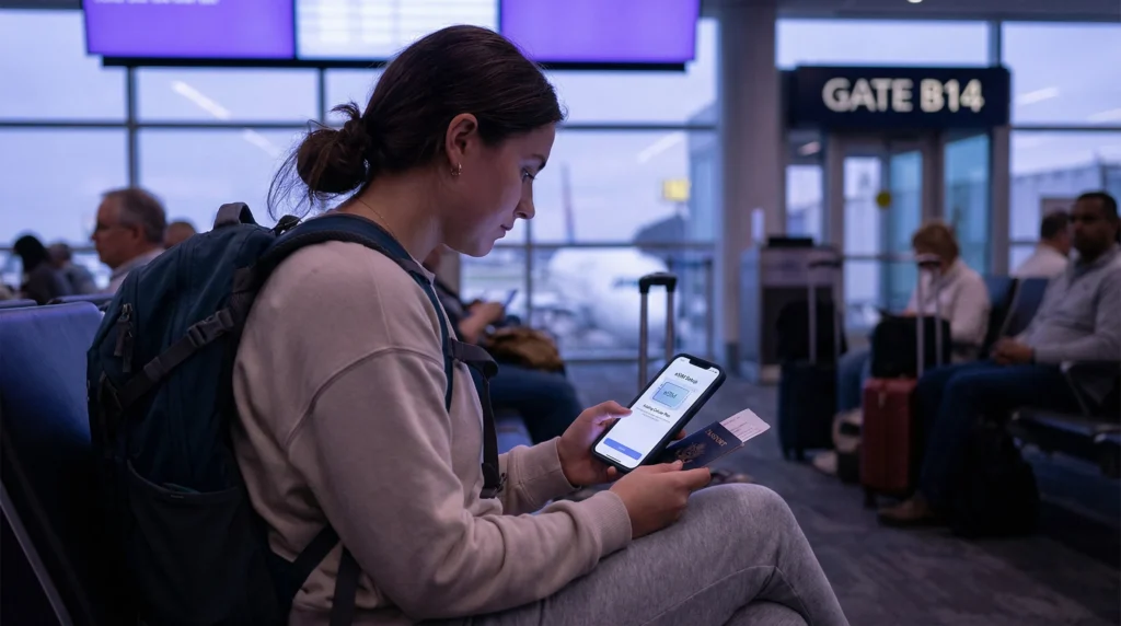 Traveler installing eSIM on phone before flight at airport