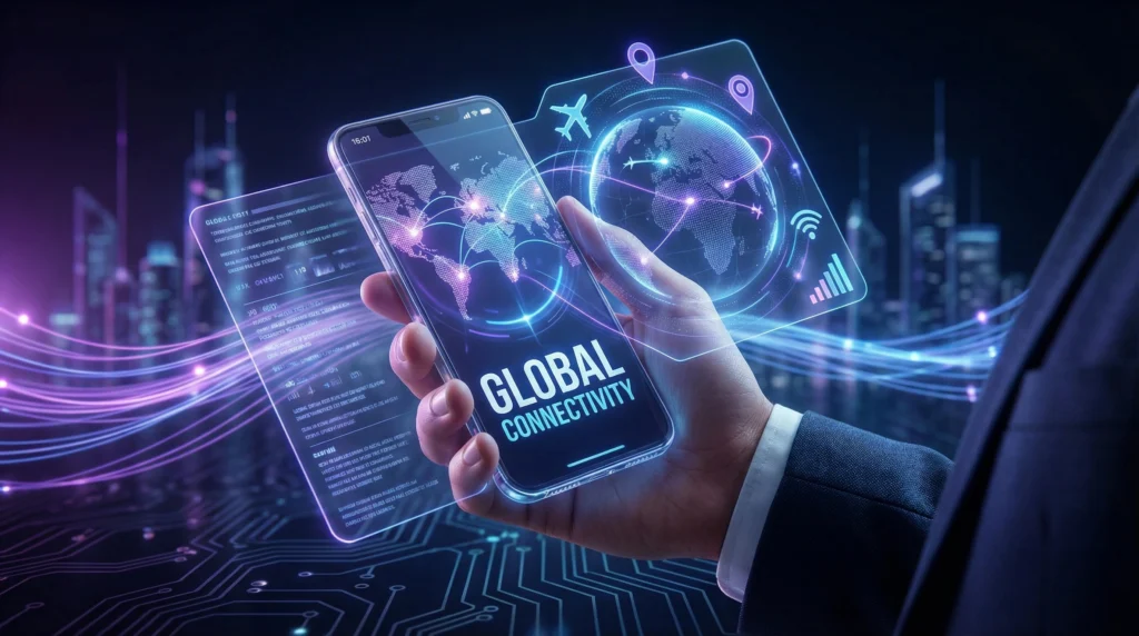 Illustration showing global eSIM coverage across multiple countries on smartphone