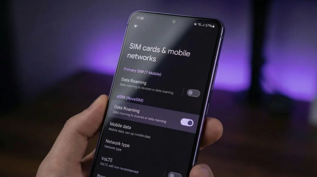 Phone settings showing roaming enabled for eSIM and disabled for primary SIM