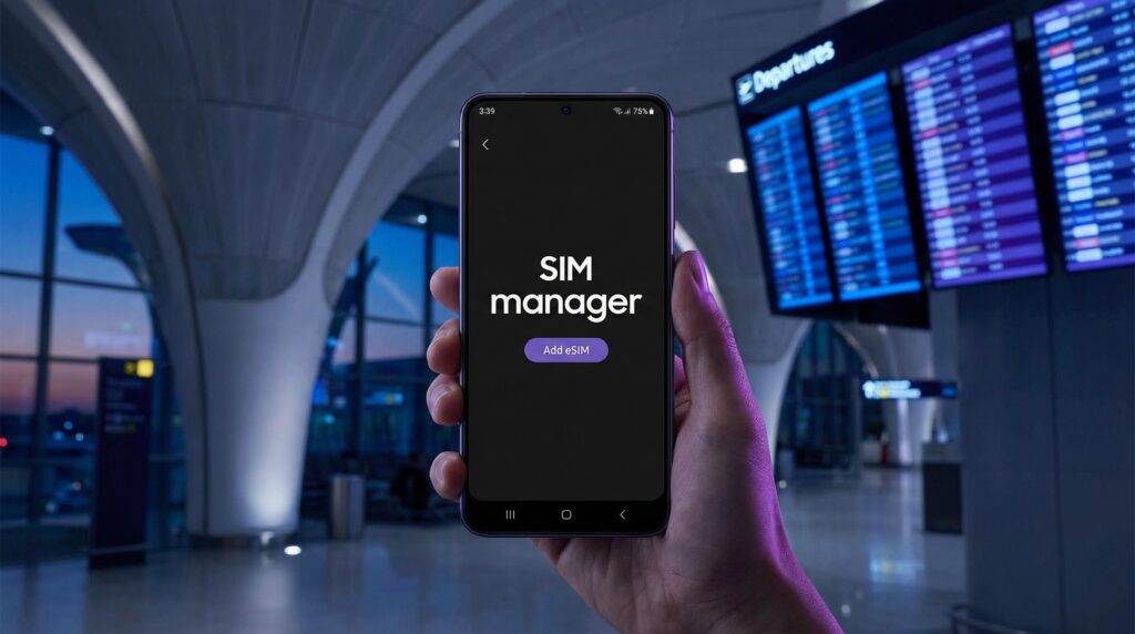amsung phone showing eSIM setup screen with an airport background.
