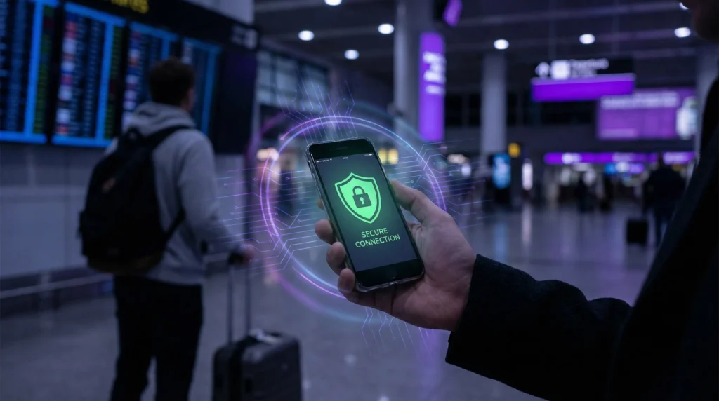 Traveler using secure eSIM mobile connection with privacy protection