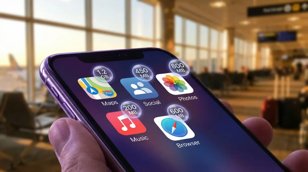 Smartphone showing app icons with data usage indicators for travel