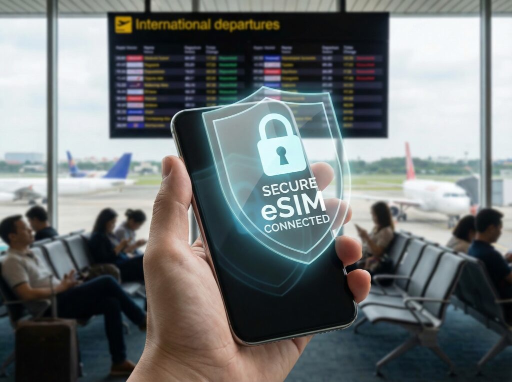 Smartphone using secure eSIM mobile connection protected by digital shield while traveling.