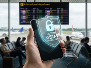 Smartphone using secure eSIM mobile connection protected by digital shield while traveling.