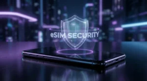 Smartphone protected by digital shield symbolizing eSIM security