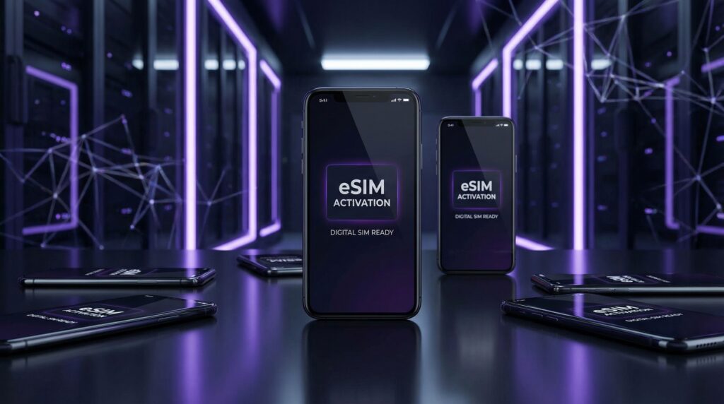 Smartphones showing eSIM activation screens representing compatible devices.