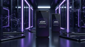 Smartphones showing eSIM activation screens representing compatible devices.