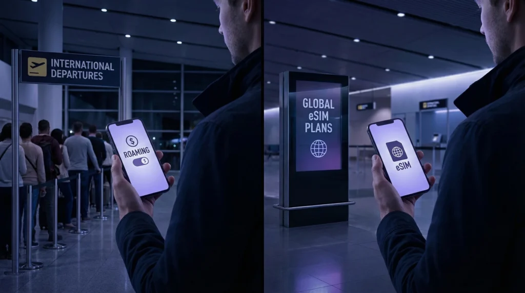 Traveler comparing roaming and eSIM options on smartphone while traveling