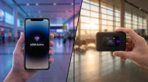 Traveler comparing eSIM on phone and pocket WiFi device at airport
