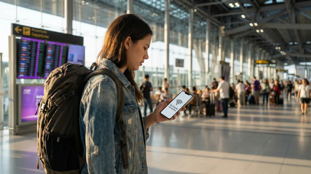 Traveler in Australia checking phone with eSIM signal but no internet