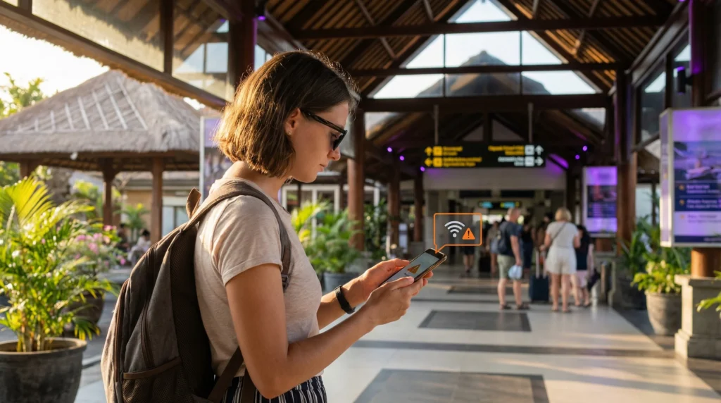 Traveler in Indonesia checking phone with eSIM signal but no internet