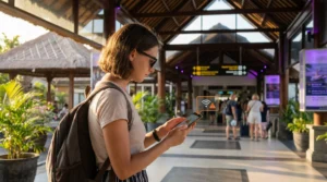Traveler in Indonesia checking phone with eSIM signal but no internet