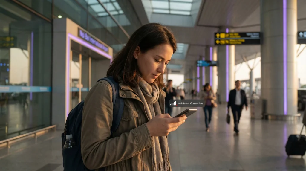 Traveler in Vietnam checking phone with eSIM signal but no internet