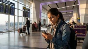 Traveler in India checking phone with eSIM signal but no internet