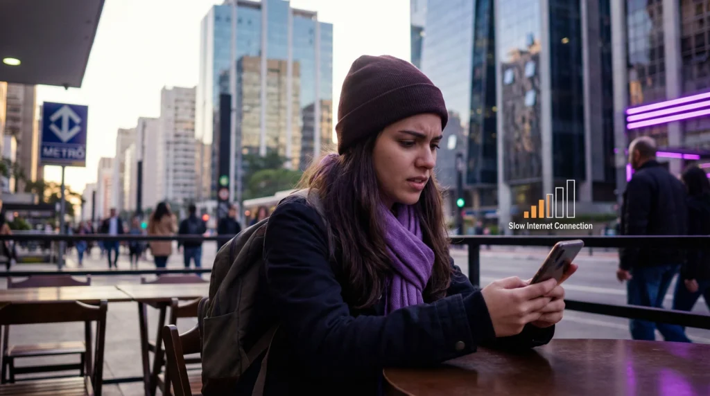 Traveler in Brazil checking phone with eSIM signal but slow internet