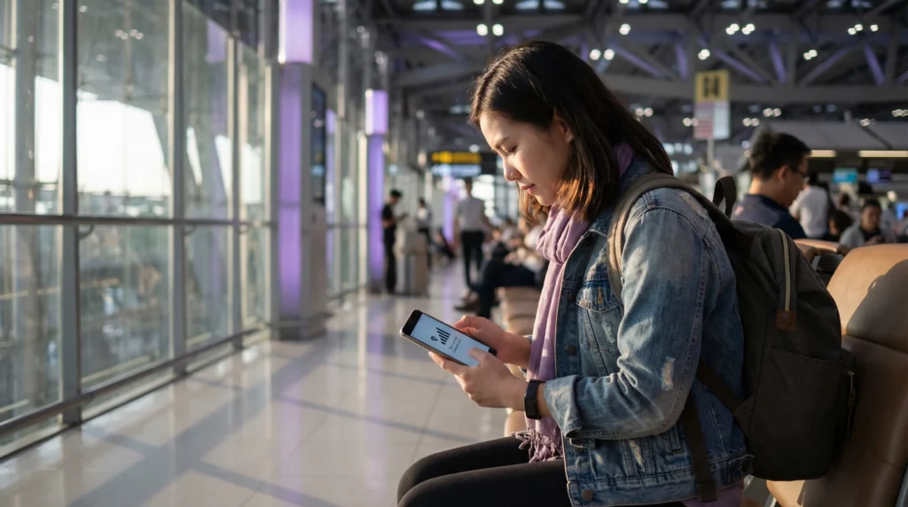 Traveler in Thailand checking phone with eSIM signal but no internet