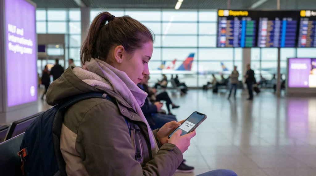 Traveler troubleshooting eSIM connection at airport
