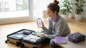 Traveler installing eSIM before trip