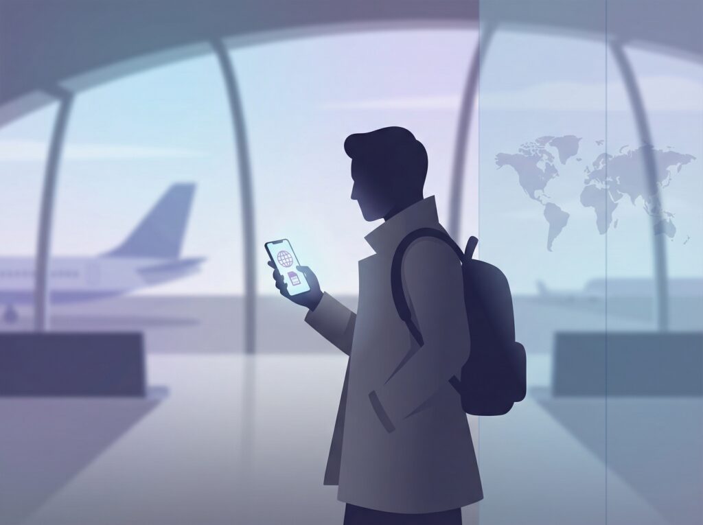 Traveler installing an eSIM on a smartphone before a flight at the airport.