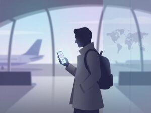 Traveler installing an eSIM on a smartphone before a flight at the airport.
