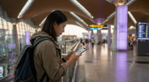 Traveler in Malaysia checking phone with eSIM signal but no internet