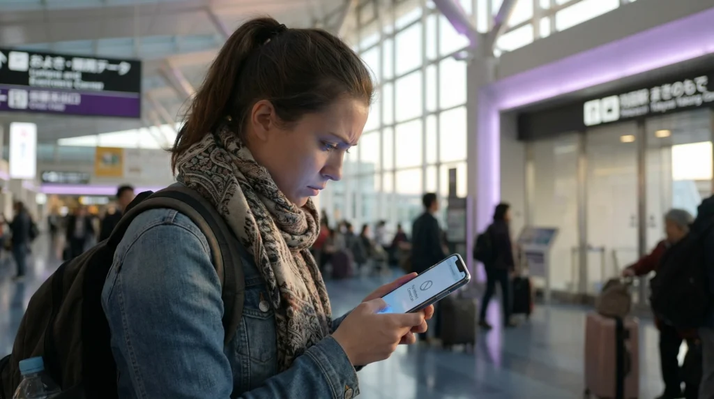 Traveler in Japan checking phone with eSIM signal but no internet