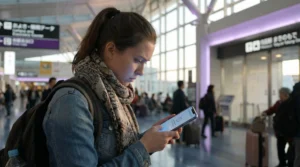 Traveler in Japan checking phone with eSIM signal but no internet