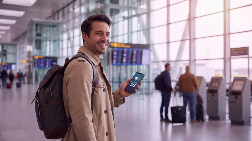 Traveler using eSIM mobile data immediately after landing at airport