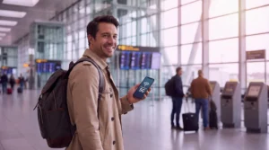 Traveler using eSIM mobile data immediately after landing at airport