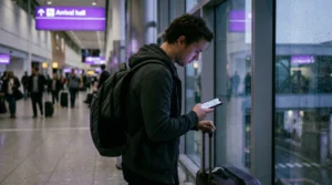 Traveler checking directions on phone after landing abroad