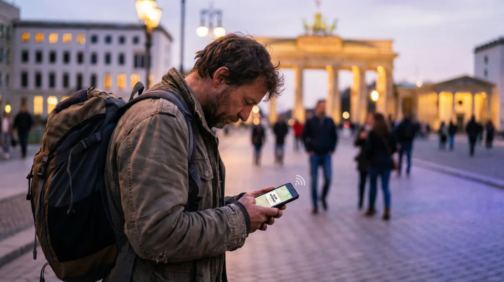 Traveler in Germany checking phone with eSIM signal but slow internet