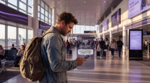 Traveler in Mexico checking phone with eSIM signal but slow internet