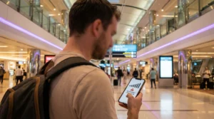 Traveler in UAE checking phone with eSIM signal but no internet