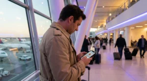 Traveler in UK checking phone with eSIM signal but no internet