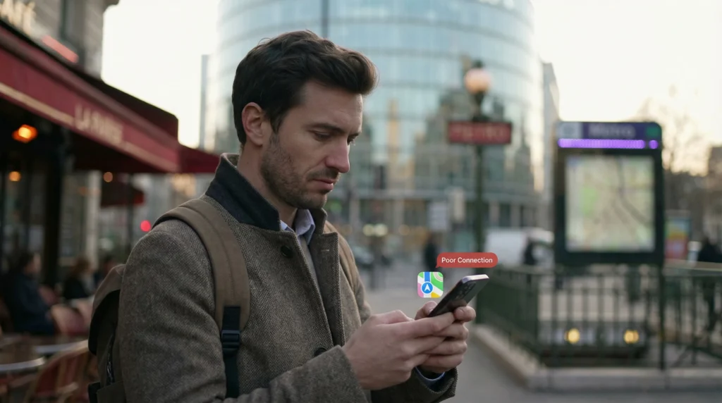 Traveler in France checking phone with eSIM signal but slow internet