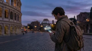 Traveler in Italy checking phone with eSIM signal but slow internet