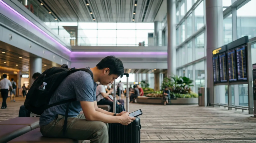 Traveler in Singapore checking phone with eSIM signal but no internet