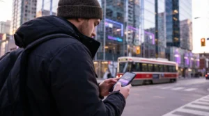 Traveler in Canada checking phone with eSIM signal but slow internet
