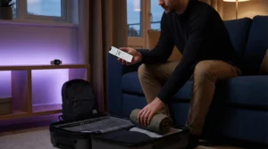 Traveler installing eSIM on smartphone before traveling.