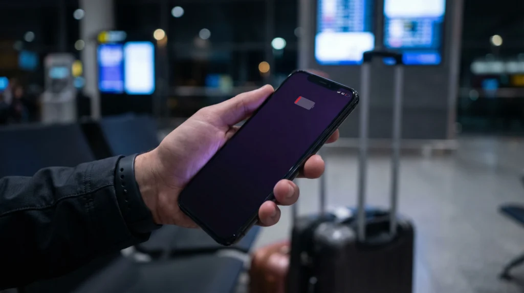 Traveler checking smartphone battery while using eSIM mobile data abroad