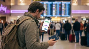 Traveler comparing cheapest eSIM plans before flight