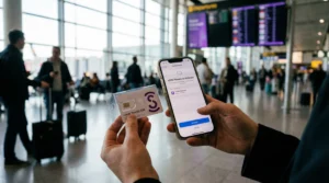 Traveler comparing local SIM card and eSIM on smartphone
