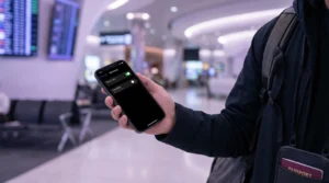 Smartphone showing primary SIM and travel eSIM settings while traveling.