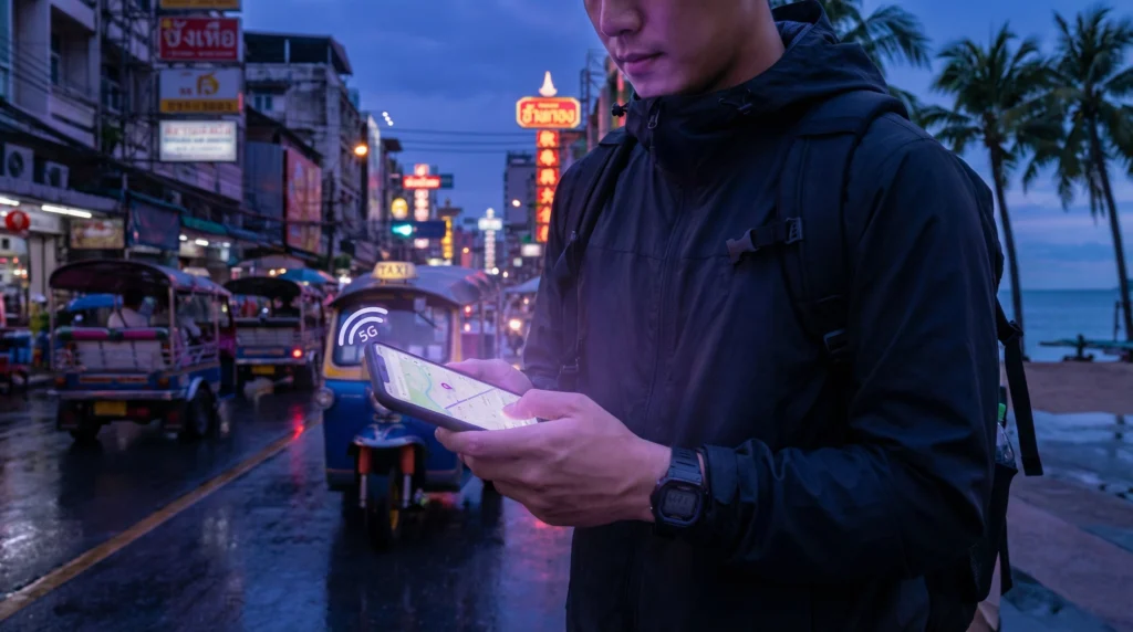 Traveler using mobile data in Thailand with a travel eSIM.
