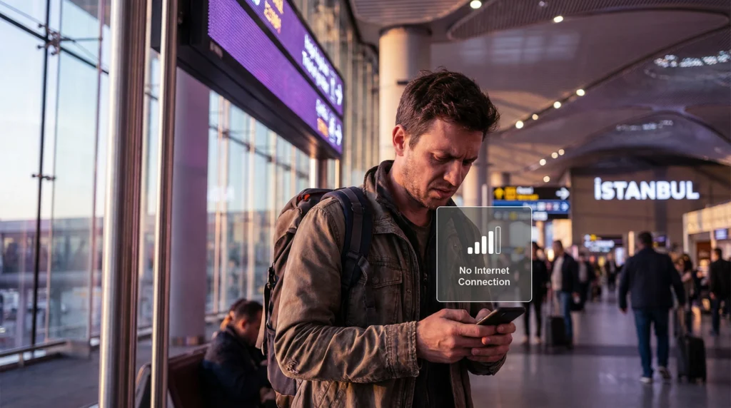 Traveler in Turkey checking phone with eSIM signal but no internet