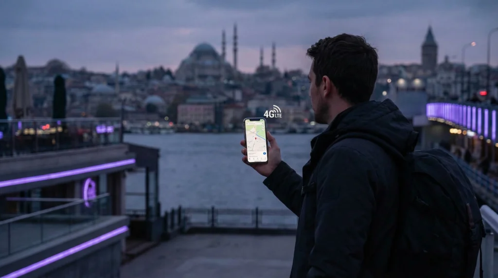 Traveler using mobile data in Turkey with a travel eSIM.