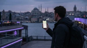 Traveler using mobile data in Turkey with a travel eSIM.